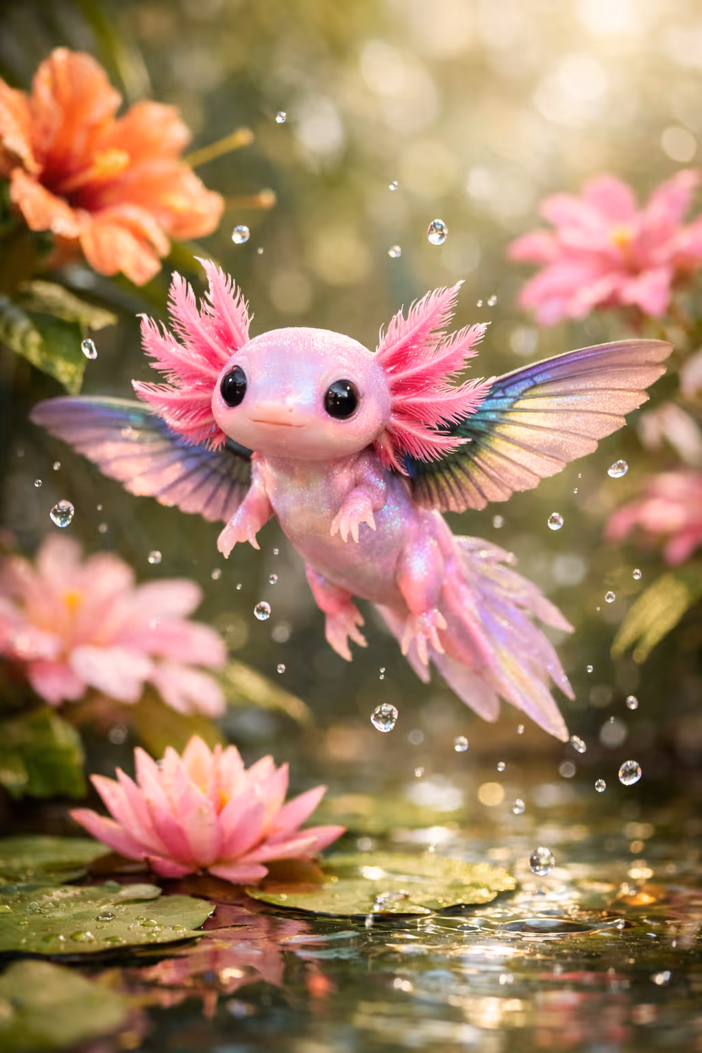 Ajolibri flotando entre flores tropicales y nenúfares