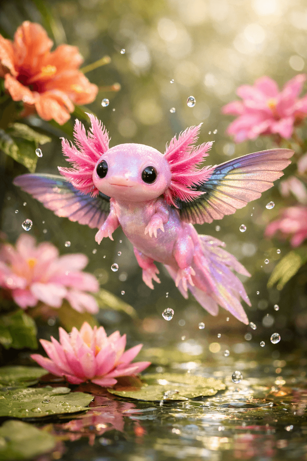 Ajolibri flotando entre flores tropicales y nenúfares