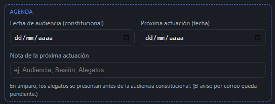 Bloque de agenda del alta de un asunto, con fecha de audiencia constitucional y próxima actuación