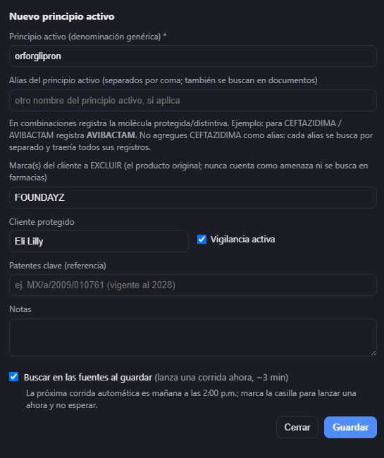 Alta del principio activo orforglipron, con la marca del innovador y el titular capturados