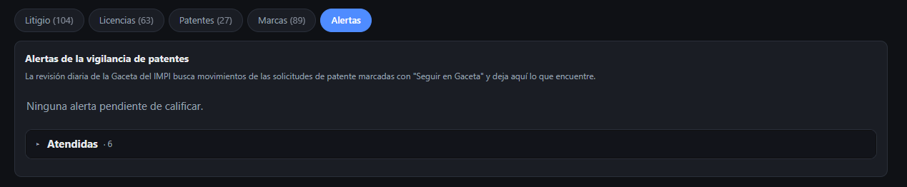 Bandeja de alertas de la vigilancia de la Gaceta, sin ninguna alerta pendiente de calificar