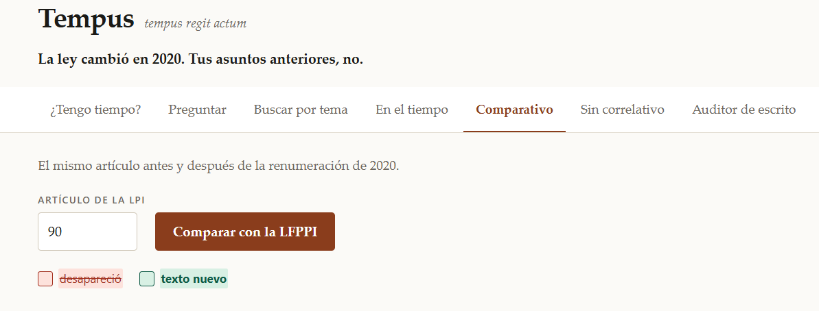 Vista comparativa, con el campo para el artículo de la LPI y la leyenda de colores del cotejo